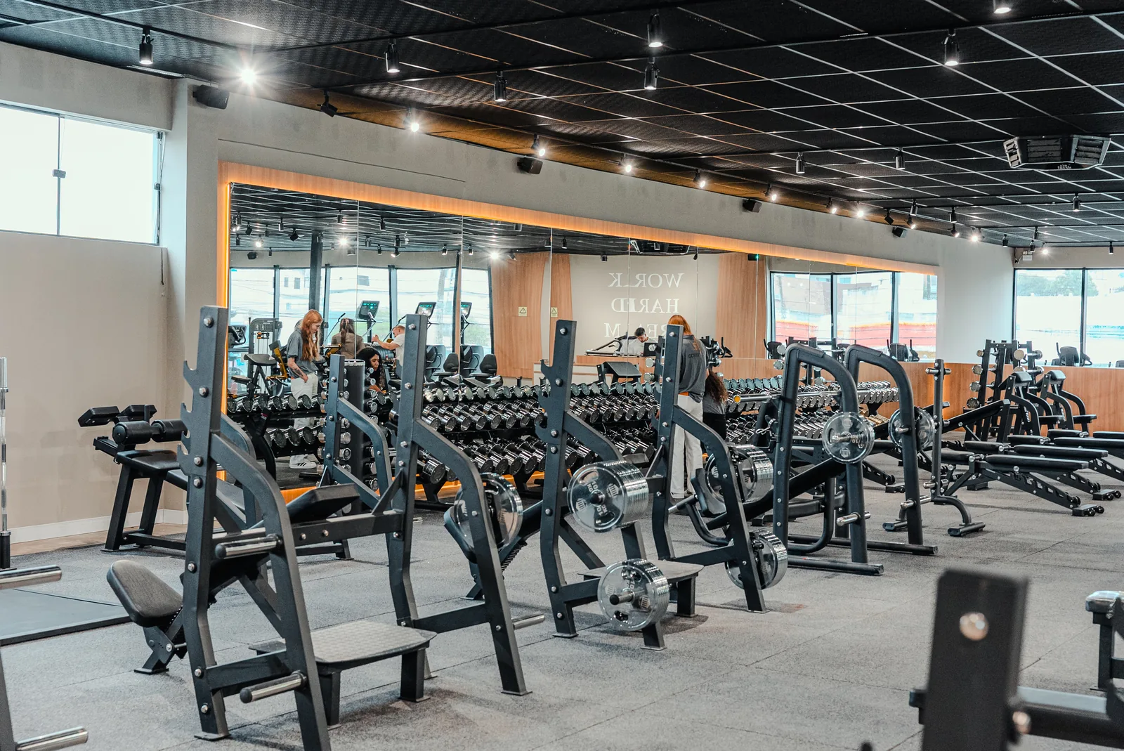 Área de musculação com pesos e equipamentos
